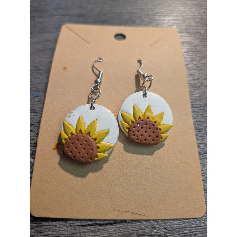Handmade Sunflower Polymer Clay Dangle Earrings White Yellow Boho Cottagecore